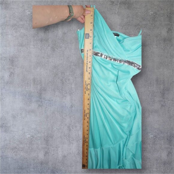 My Michelle Aqua Blue Slip Dress - Size M - Sequin Trim, Ruched Mesh, Ruffle Hem - Picture 16 of 16